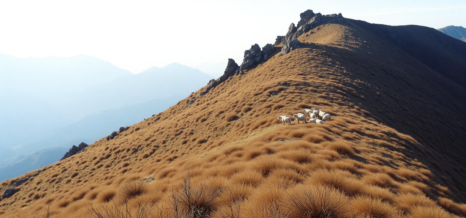 The western slope of Mount Olympus with the flock grazing dry scrub